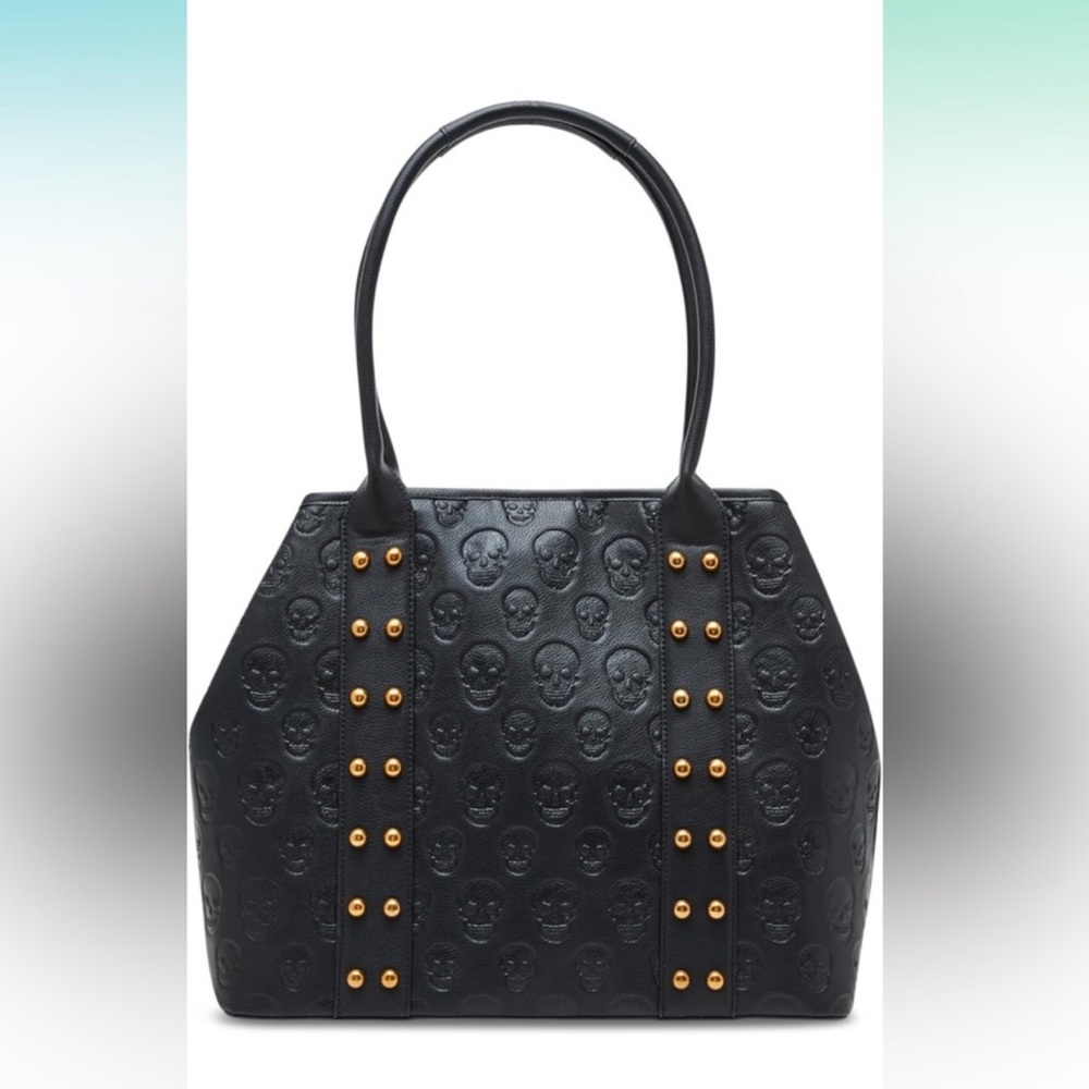 Betsey Johnson Black Skull Embossed Tote with Gold Studs